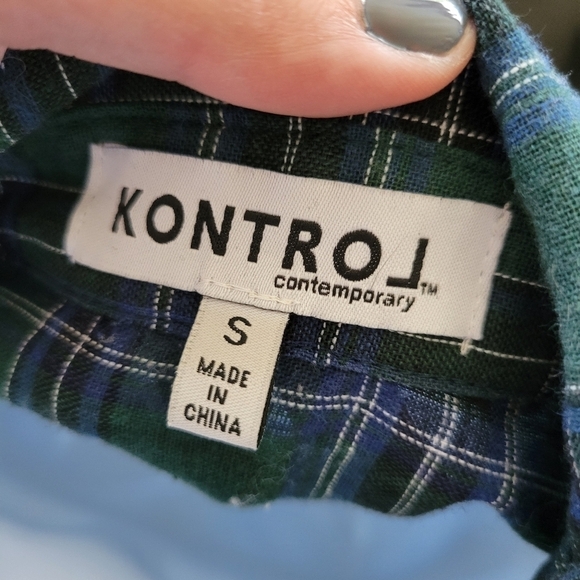 Kontrol Contemporary Small Green & Navy Plaid Long Sleeve Shirt Pearl Studs - Picture 8 of 9